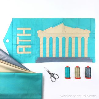 Parthenon in Athens, Greece quilt block made with Art Gallery Fabrics PURE Solids and Aurifil thread. Foundation paper piecing quilt. Available at wholecirclestudio.com