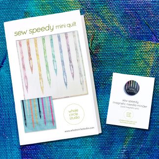 This is the perfect gift for a quilter, sewist or crafter. Get the Sew Speedy gift set—contains a quilt pattern to decorate your sewing space and a magnetic enamel needle minder / keeper that doubles as a fashion accessory pin!