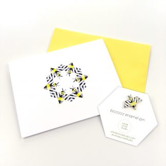 Bzzzzzz enamel pin and greeting card gift set by Whole Circle Studio. Bee fabric available at www.wholecirclestudio.com