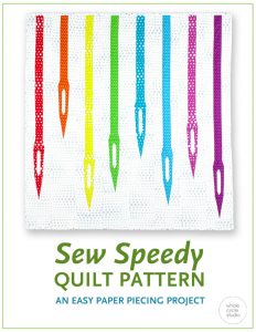 Sew Speedy is a great mini quilt to make as a wall hanging for your sewing space or gift to a sewist! This modern mini quilt pattern uses foundation paper piecing techniques. Make additional blocks to make a larger quilt (layout ideas are provided). Sew Speedy is pre-cut strip friendly! Use a pre-cut strip roll (with at least 31 strips), add 1⅓ yard fabric for the background of the quilt top and you can make this mini quilt top, back and binding!