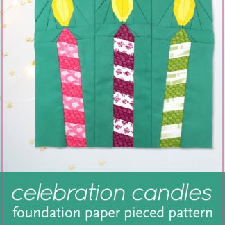 Make a wish! Celebration Candles is an easy, quick block to make in an afternoon. This is the perfect quilt project to make for birthday or holiday celebrations. Included in this foundation paper piecing pattern are 3 designs (one candle leaning to left, one candle leaning to right, one candle upright). This is also a great pattern to use up your scraps! These blocks are the perfect size for a mini quilt, table quilt or pillow. Make multiple blocks to make a table runner or larger quilt. Designed by wholecirclestudio.com