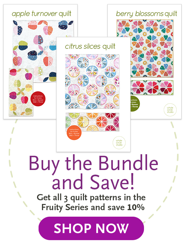 covers for 3 quilt patterns containing apples, oranges, and berries with an offer for 10% off