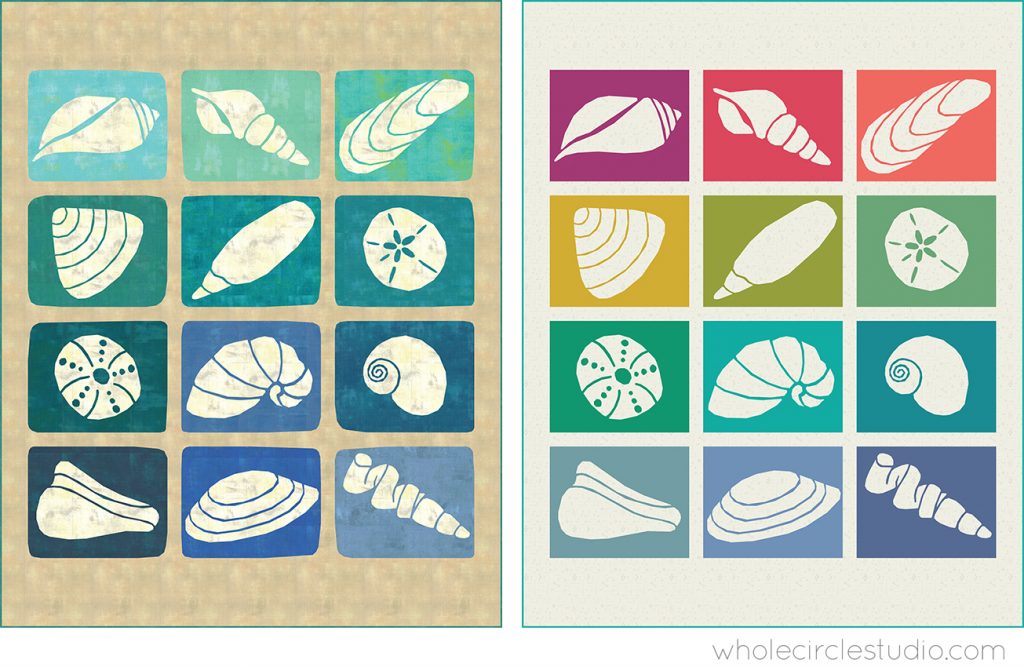Shoreline Shells, a beach seashell, sea glass themed block of the month program. Make these modern quilt blocks / mini quilts. Foundation paper pieced (FPP) quilt sew along. Available at wholecirclestudio.com