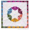 Modern quilt of 6 colorful moths in a circle with a border on the perimeter.