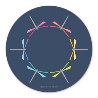 sticker with 6 colorful dragonflies in a circle on a navy background