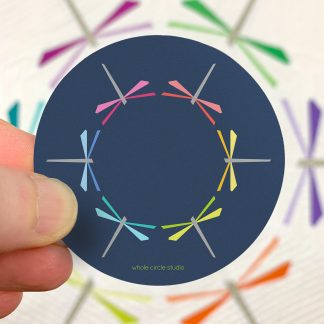 sticker with 6 colorful dragonflies in a circle on a navy background