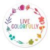 sticker with a circle of colorful flowers and the words Live Colorfully in the center