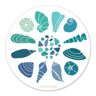 sticker with a circle of seashells and sea glass in the middle