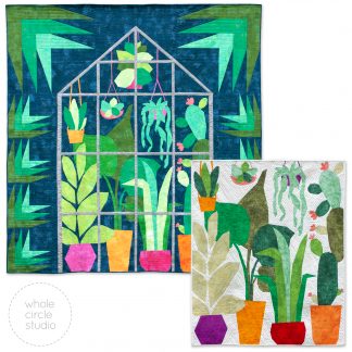 two quilts, overlapping, both of plants inside a greenhouse