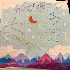 constellations, sky, moon and mountains quilt