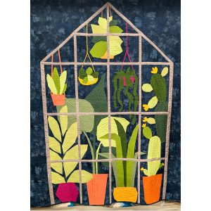 Greenhouse and plant themed quilt on a navy background
