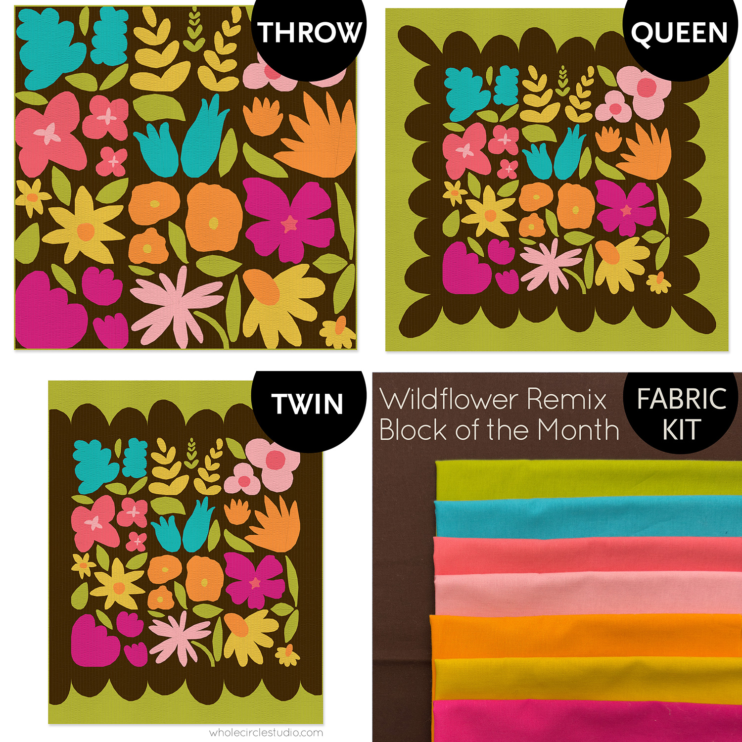 Colorful flower quilts made with solid fabrics on a dark brown background