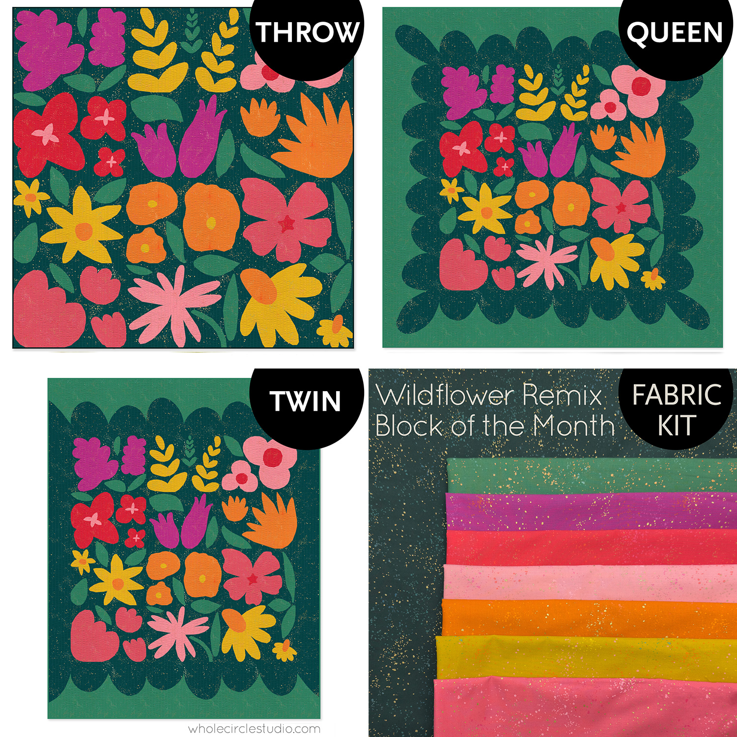 Flower quilts made with colorful fabrics on a dark green background