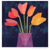 tulip quilt with warm color flowers in a purple vase on a navy background