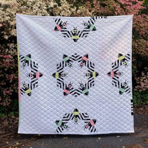 Modern quilt made with large bee blocks arranged in a circle and 4 half circles with pastel, black, and white fabrics.